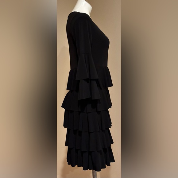 ISLE TIERED RUFFLE MIDI BLACK DRESS & SLEEVES BOAT NECK SZ S MADE IN TURKEY - Picture 2 of 12